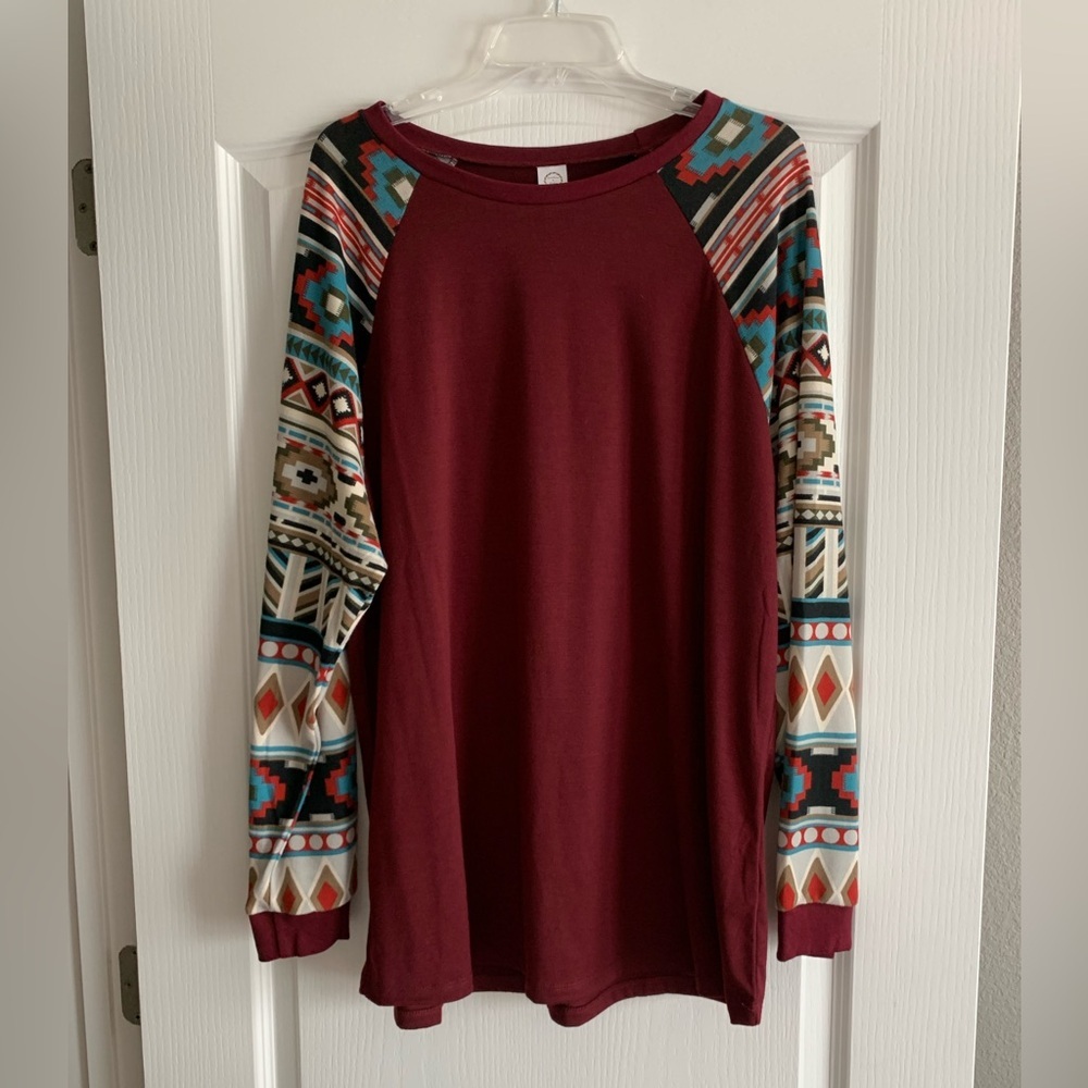 Maroon/ Burgundy Southwestern style long sleeved blouse size 3XL